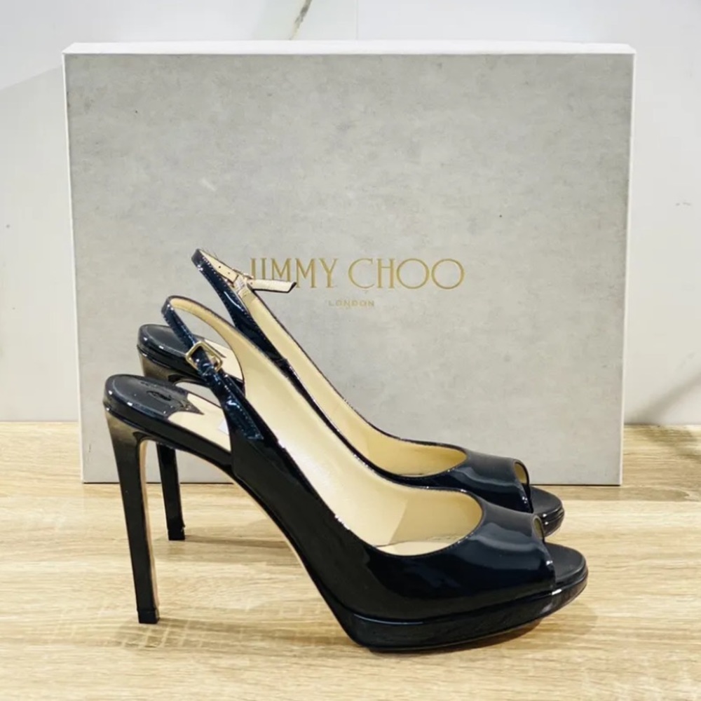 Jimmy Choo Nova 100 Black Patent Leather Peep Toe Slingback Stilettos